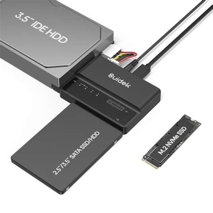 2.5-inch SATA drive on top of a 3.5-inch SATA drive, close-up of data and power connectors