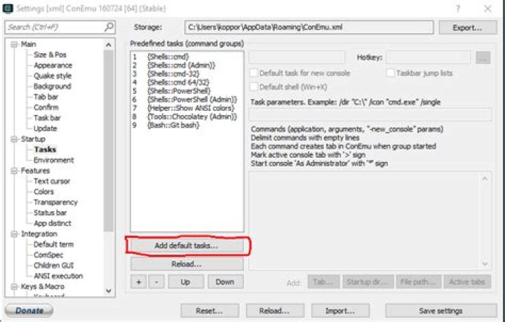 Add default tasks... in ConEmu
