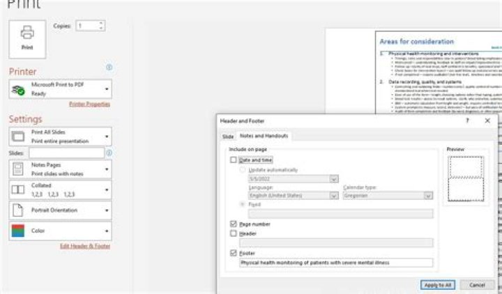 applying notes pages placeholders through the print headers and footers dialogue in powerpoint