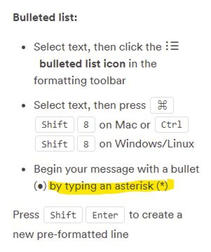 Can I use an asterisk to make a bullet point in a Slack message?
