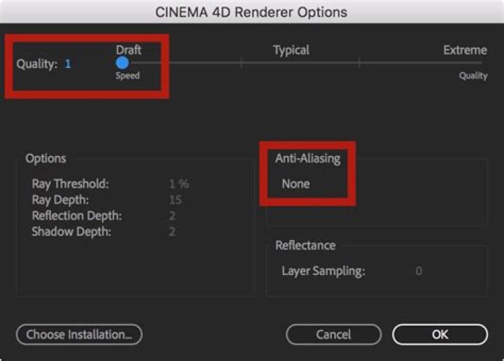 Cinema4D Renderer Options Panel with Anti-Alias: None option when Quality is 1