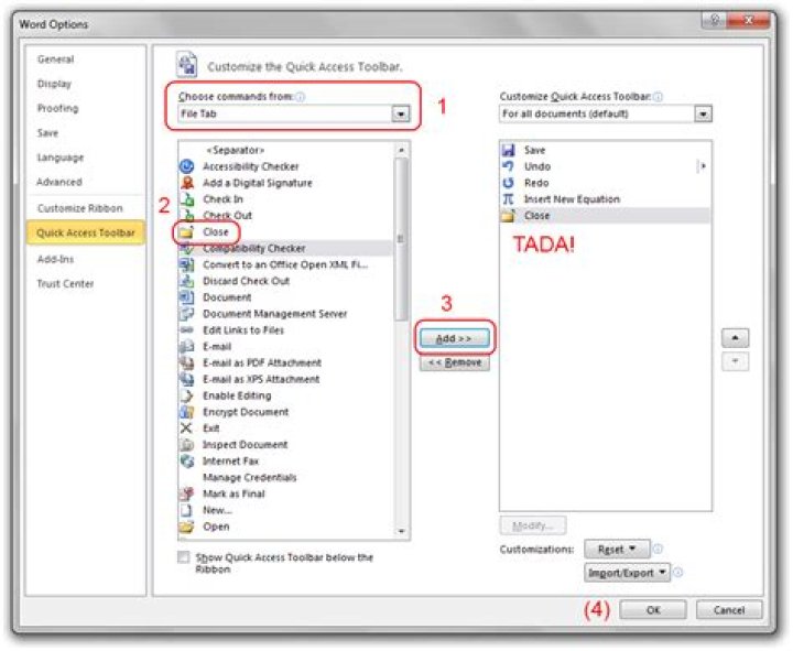 Closing document without closing application in MS Word 2010