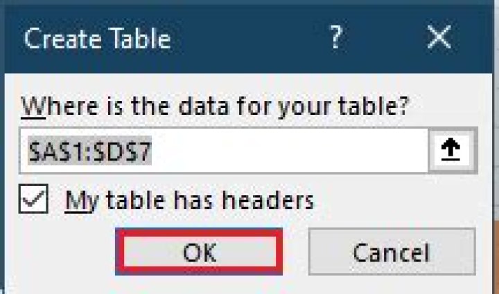 Create Table dialog box