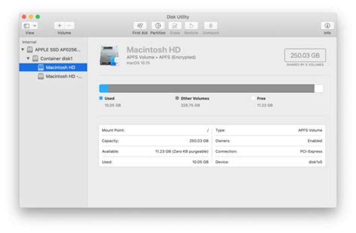Disk Utility shows only 10GB of available space