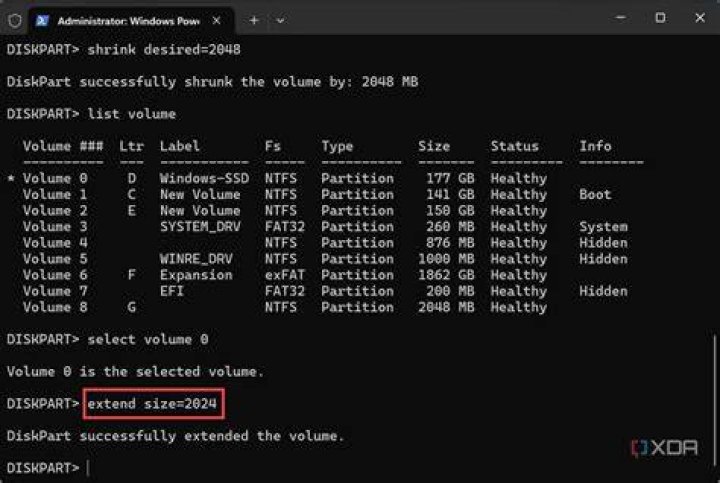 diskpart showing a single volume