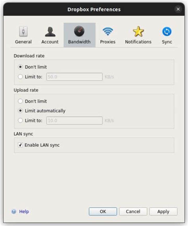 Dropbox preferences: Bandwidth