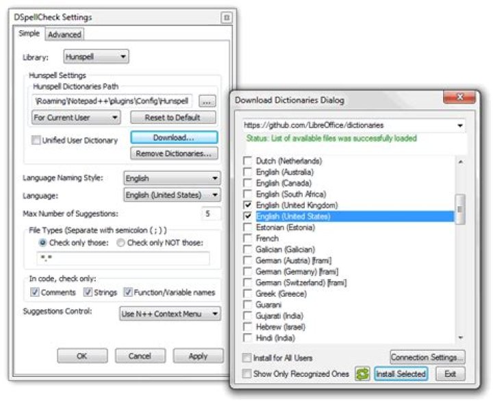 DSpellCheck settings, dictionary download