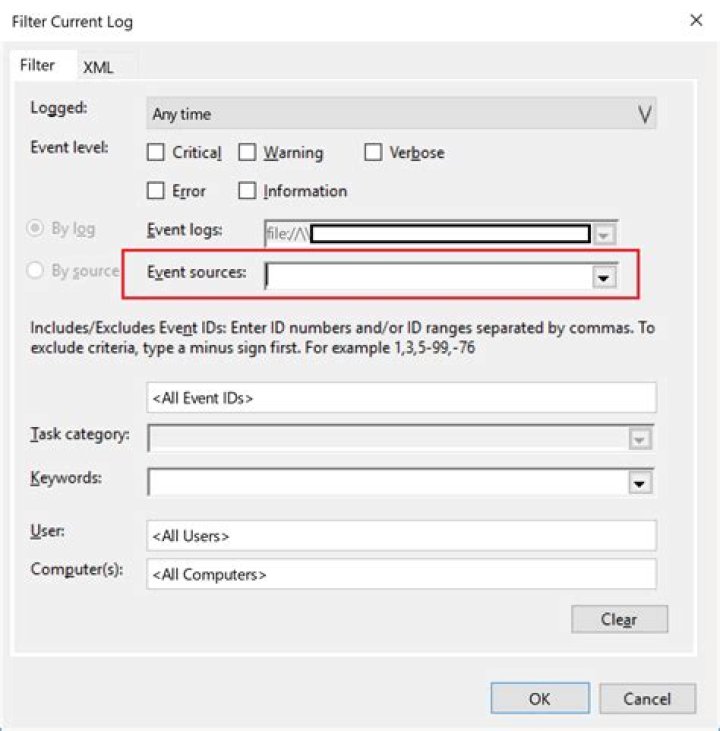 Event sources filter unavailable