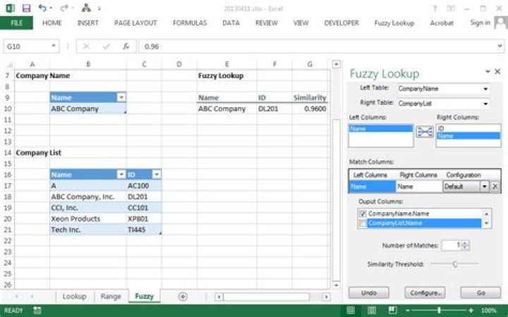 Excel Fuzzy Lookup Company Names in the Same list
