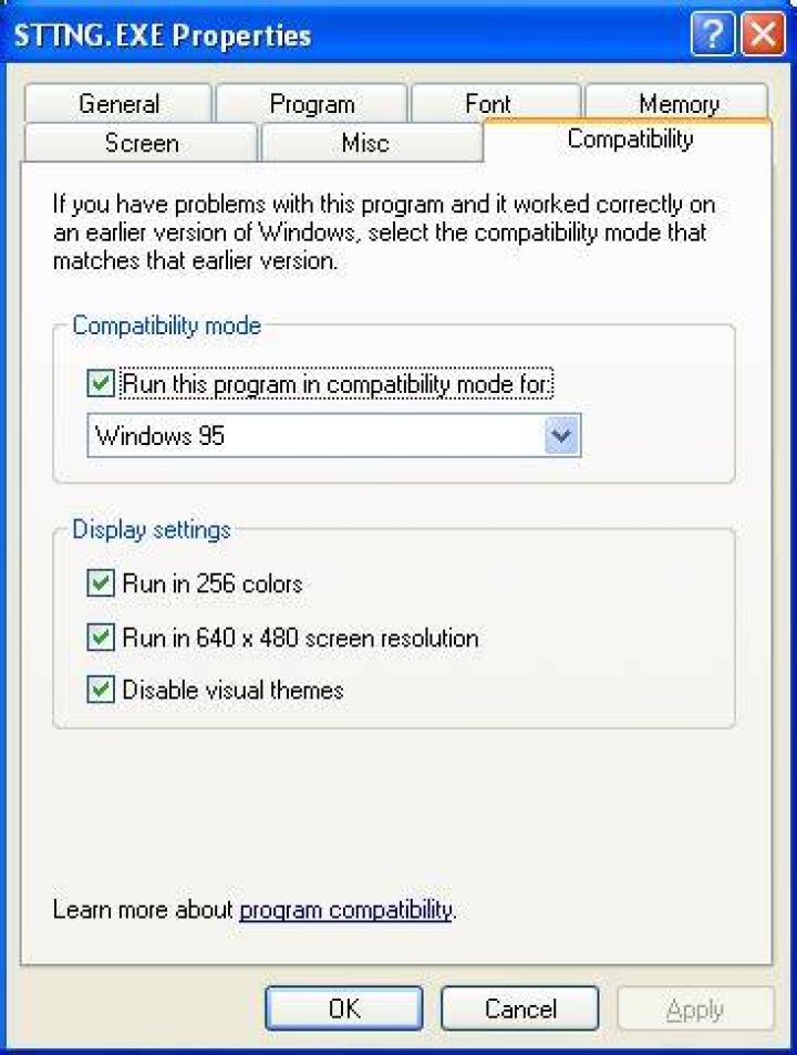 EXE Compatibility settings on XP