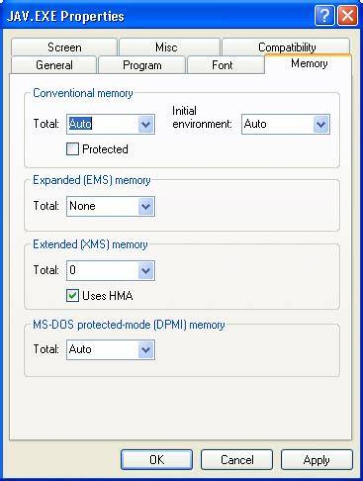 EXE Memory settings on XP