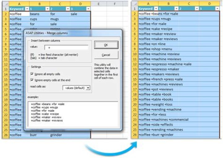 Generate a comma-separated list of cell contents, excluding blanks