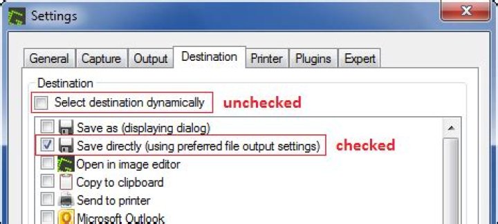 Greenshot Destination Settings - Screenshot