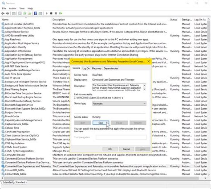 Henke DiagTrack service settings, April 2022.