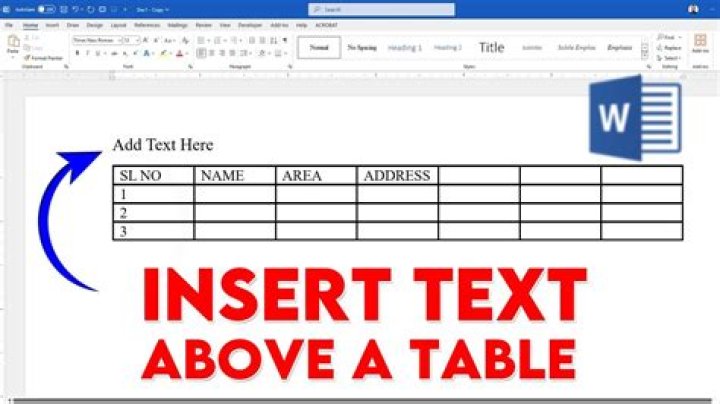 How do I insert text above a table at the top of a Word document?