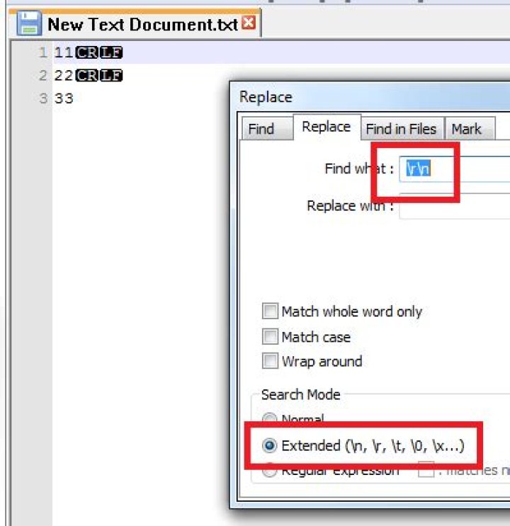 How to find and replace new line in Notepad ++