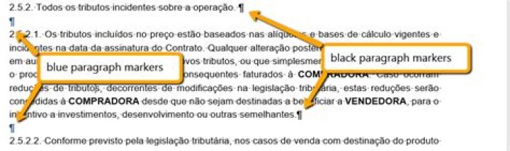 In Word 2016, what is the difference between blue and black paragraph markers?