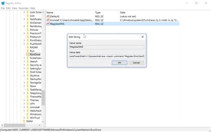 Is it possible to insert a system command into a runOnce registry key/value?