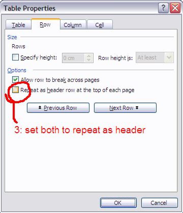 Is there a way to repeat the first two rows of a table as a header on each page in Word?