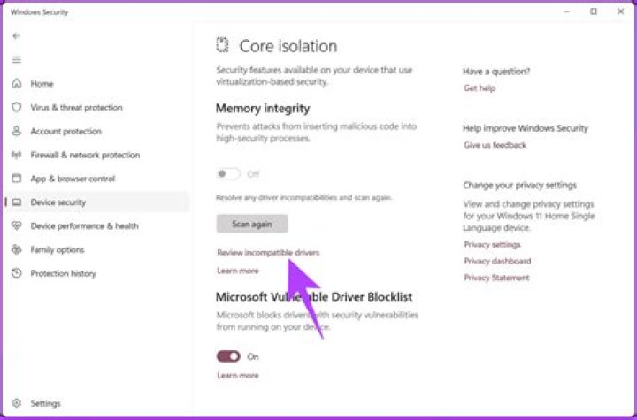 Memory Integrity = OFF