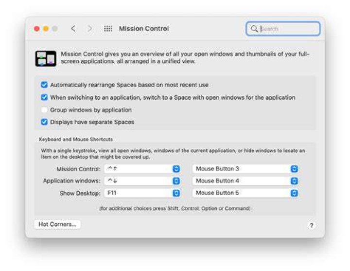 Mission Control, Keyboard and Mouse Shortcuts