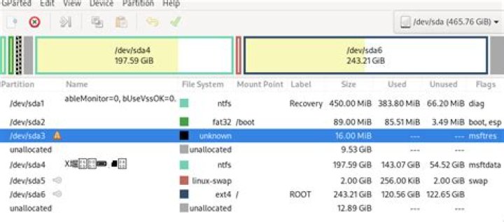 Moving msftres partition with gparted