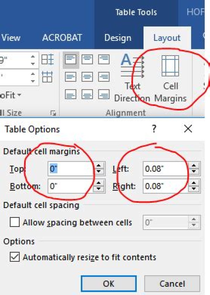 MS Word Table Padding by Text spacing method