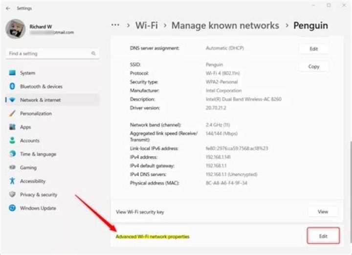 Network & internet, WiFi properties, on Windows 11