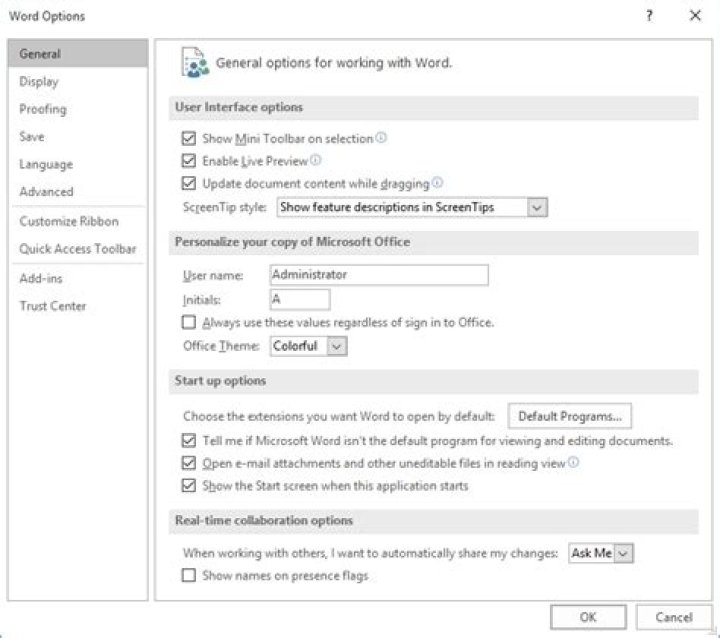 options dialog