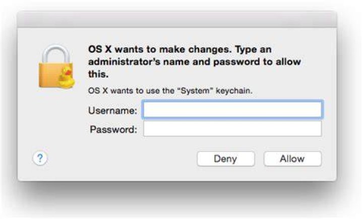 OSX wants to make changes. Type an administrator's name and password... Won't go away