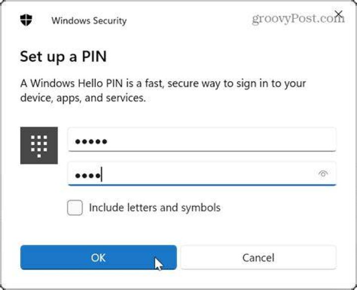 Prompt to create a PIN screen