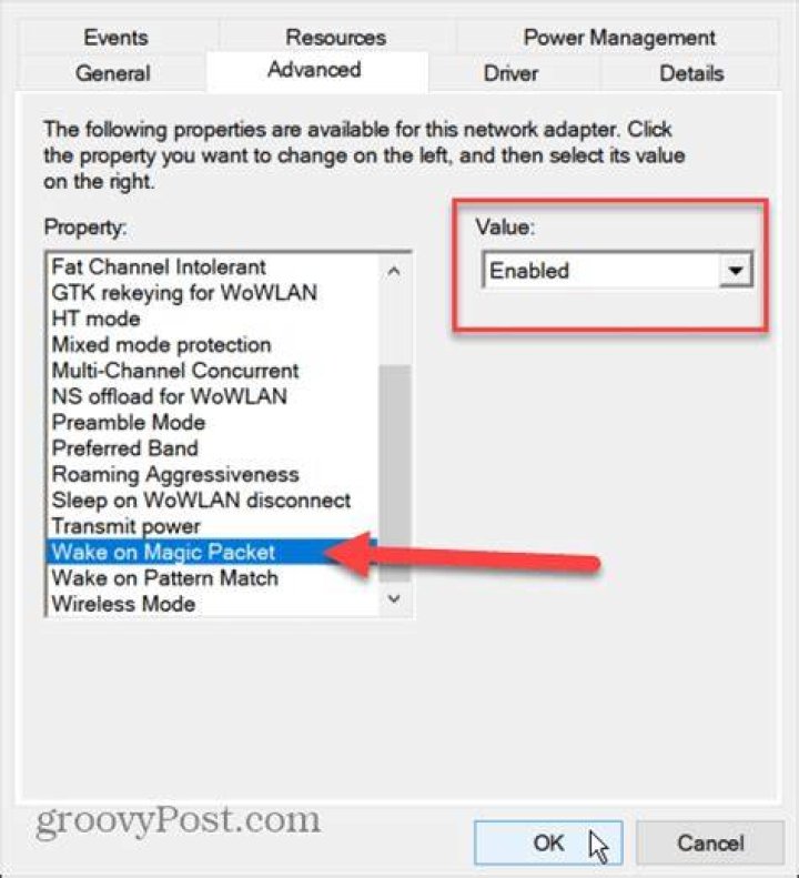 Properties - Wake on Magic Packet