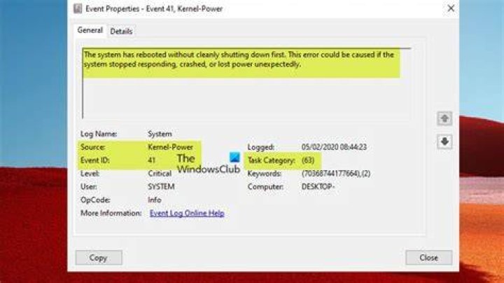 Properties in windows event ID 41