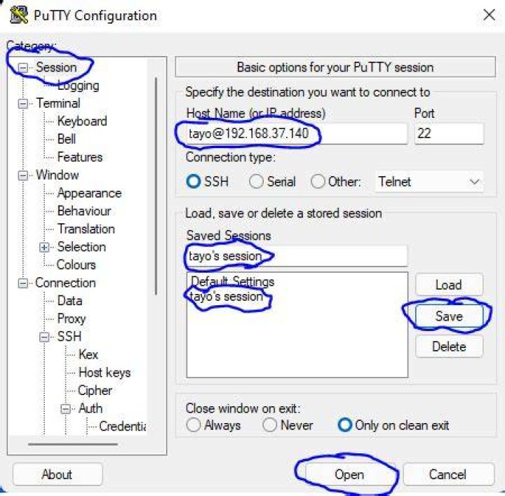 Putty Login Settings