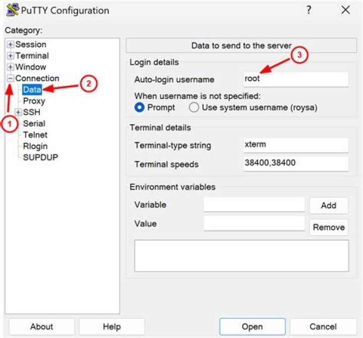 PuTTY username entry