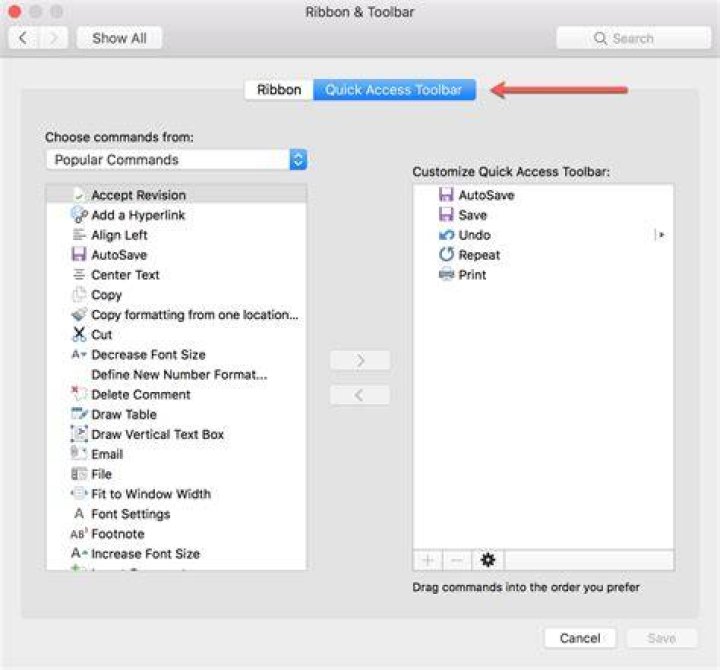Quick access toolbar