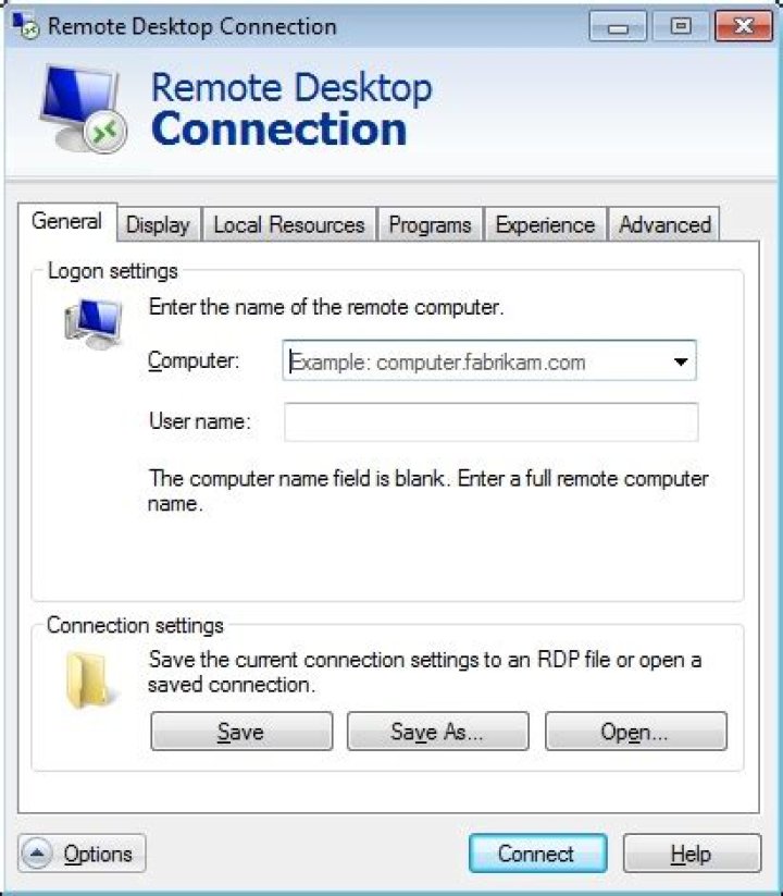 RDP Options. local resources tab