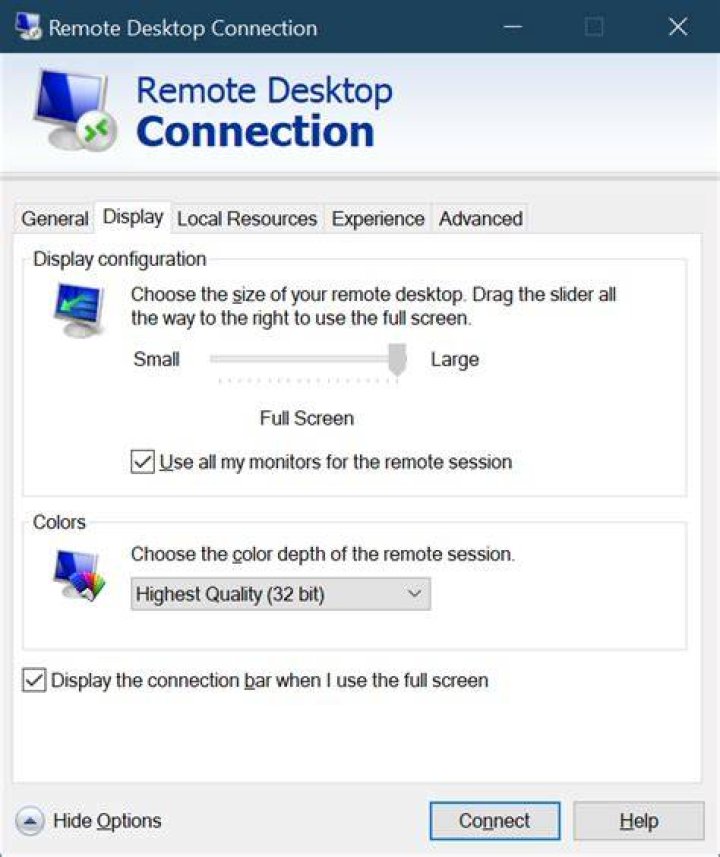 Remote desktop: Fullscreen is limited to the resolution of my primary monitor. How can I get a full screen rdp session on my second (bigger) screen?