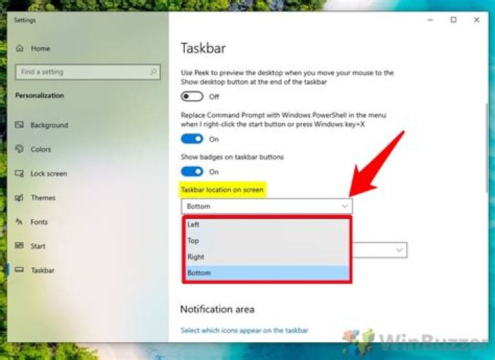 Screen capture of taskbar location combo box in taskbar settings - Show badges on taskbar buttons - off - taskbar location on screen - right - combine taskbar buttons