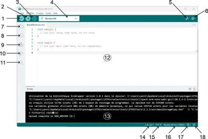 Screenshot from the Arduino IDE, menu command Tools → Serial Port → COM14 shown