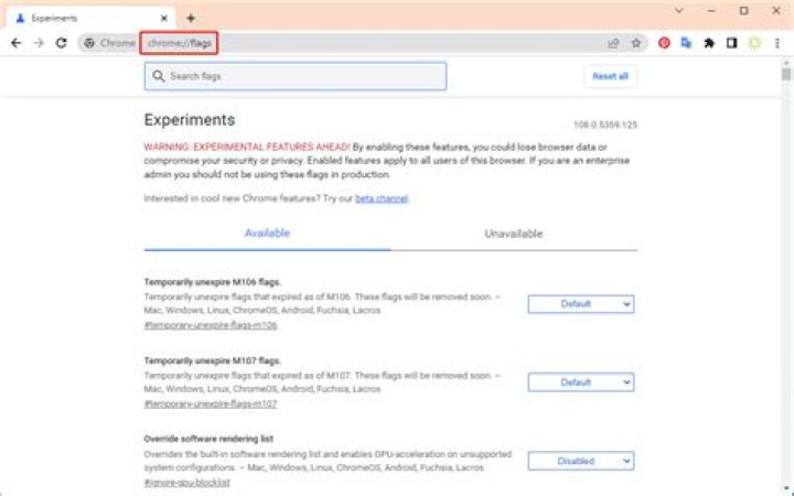 Screenshot of Chrome&rsquo;s flags page