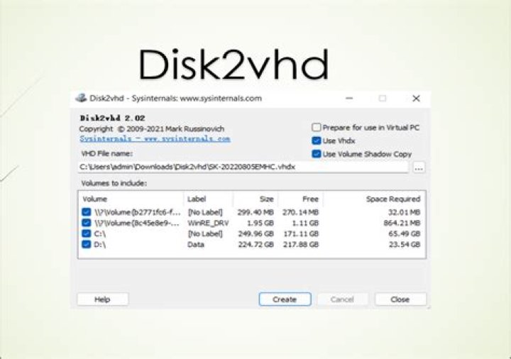 screenshot of Disk2vhd options