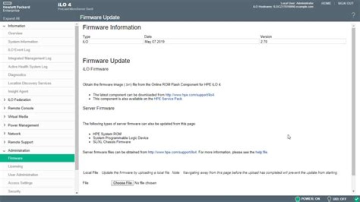 Screenshot of iLO4 web interface showing the "Firmware Update" page