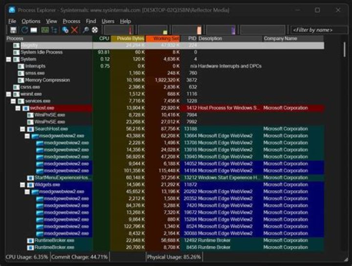 Screenshot of Process Explorer showing services in one svchost.exe process