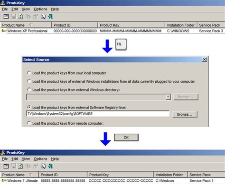 Screenshot of ProduKey with default Windows key displayed and external Windows key displayed