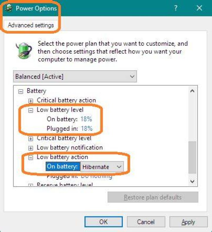 Setting Hibernate on low battery