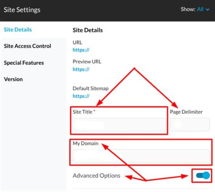 Site Settings menu