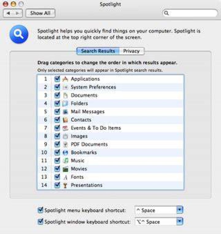 Spotlight system preferences
