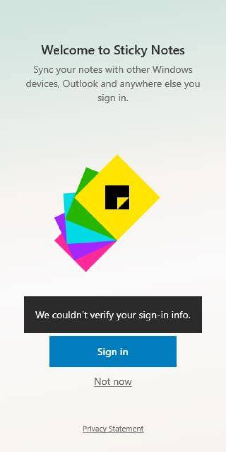 Sticky Notes error "We couldn't verify your sign-in info"