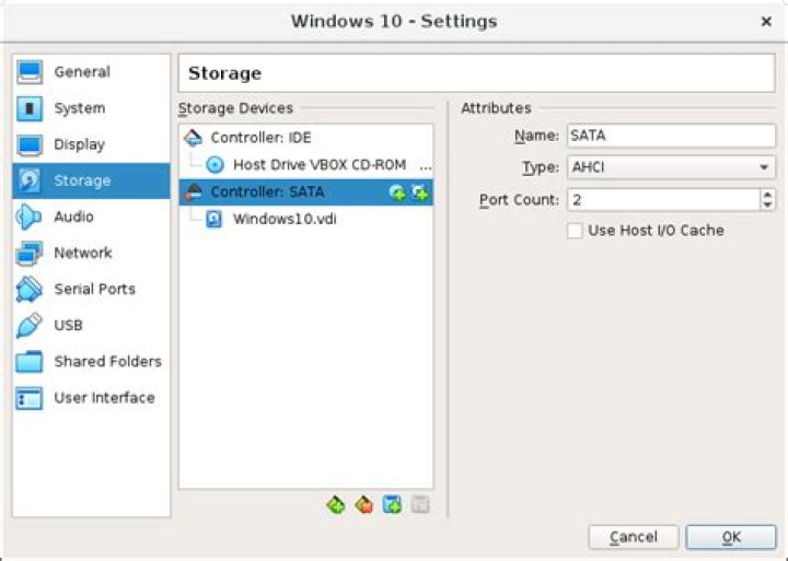 Storage tab virtual machine settings